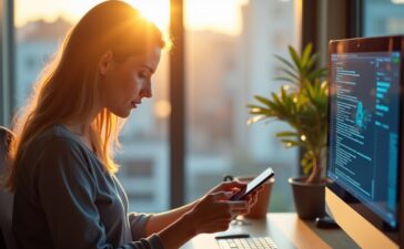 Ein strahlend helles Büro mit natürlichem Tageslicht, in dem eine konzentrierte Entwicklerin entspannt an einem modernen Smartphone arbeitet, während ihr Gesicht von einem warmen Sonnenstrahl sanft beleuchtet wird und im Hintergrund dezent technische Diagramme und Code auf einem Bildschirm sichtbar sind, die den Fokus auf transparente und gestärkte Datenschutzfunktionen symbolisieren.