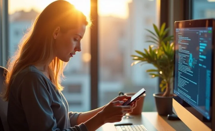 Ein strahlend helles Büro mit natürlichem Tageslicht, in dem eine konzentrierte Entwicklerin entspannt an einem modernen Smartphone arbeitet, während ihr Gesicht von einem warmen Sonnenstrahl sanft beleuchtet wird und im Hintergrund dezent technische Diagramme und Code auf einem Bildschirm sichtbar sind, die den Fokus auf transparente und gestärkte Datenschutzfunktionen symbolisieren.
