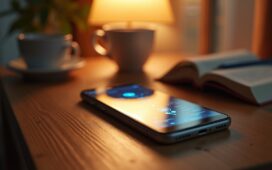 Ein warm ausgeleuchtetes, modernes Smartphone auf einem hellen Holztisch, umgeben von Notizbuch, Kaffeetasse und sanftem Tageslicht, das eine vertrauensvolle Atmosphäre von fortschrittlicher IT-Sicherheit und digitalem Fortschritt vermittelt.