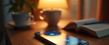 Ein warm ausgeleuchtetes, modernes Smartphone auf einem hellen Holztisch, umgeben von Notizbuch, Kaffeetasse und sanftem Tageslicht, das eine vertrauensvolle Atmosphäre von fortschrittlicher IT-Sicherheit und digitalem Fortschritt vermittelt.