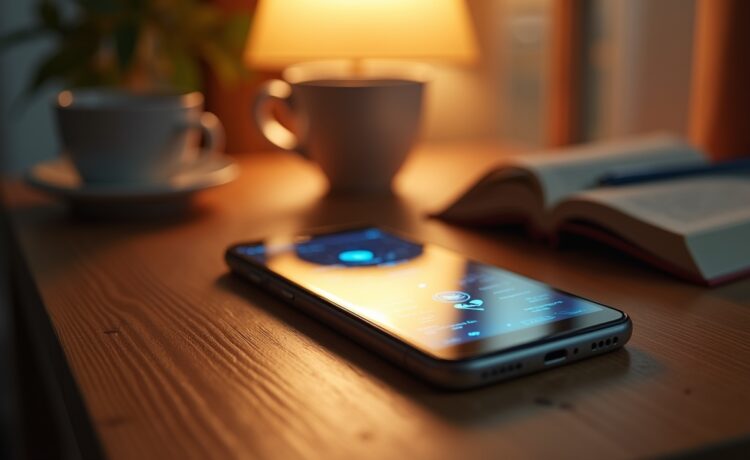 Ein warm ausgeleuchtetes, modernes Smartphone auf einem hellen Holztisch, umgeben von Notizbuch, Kaffeetasse und sanftem Tageslicht, das eine vertrauensvolle Atmosphäre von fortschrittlicher IT-Sicherheit und digitalem Fortschritt vermittelt.