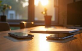 Ein hell erleuchteter, moderner Arbeitsplatz mit zwei Smartphones nebeneinander auf einem warmen Holztisch, sanftes Tageslicht betont realistische Details und erzeugt eine freundliche, einladende Atmosphäre, die diskret den digitalen Wettstreit um Datenschutz und Sicherheit zwischen Android und iOS widerspiegelt.
