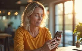 Ein strahlend helles, natürlich beleuchtetes Editorial-Porträt einer aufmerksamen Person mittleren Alters, die in einem modernen, warmen Büro mit Smartphone in der Hand konzentriert und gelassen die neuesten Android-Sicherheitsupdates prüft, während Sonnenlicht durch große Fenster fällt und harmonisch die Szene mit lebendigen, freundlichen Farben durchflutet.