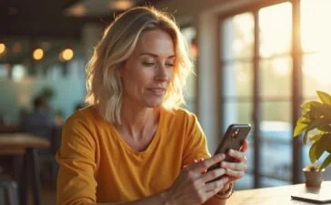 Ein strahlend helles, natürlich beleuchtetes Editorial-Porträt einer aufmerksamen Person mittleren Alters, die in einem modernen, warmen Büro mit Smartphone in der Hand konzentriert und gelassen die neuesten Android-Sicherheitsupdates prüft, während Sonnenlicht durch große Fenster fällt und harmonisch die Szene mit lebendigen, freundlichen Farben durchflutet.