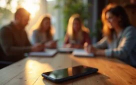 Ein hell erleuchtetes Smartphone auf einem modernen Holztisch, umgeben von entspannten Menschen in einem gemütlichen, sonnendurchfluteten Raum, die aufmerksam ihre Geräte überprüfen und so die Wichtigkeit von digitaler Sicherheit und Schutzmaßnahmen im Alltag symbolisieren.