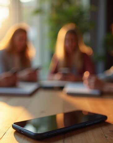 Ein hell erleuchtetes Smartphone auf einem modernen Holztisch, umgeben von entspannten Menschen in einem gemütlichen, sonnendurchfluteten Raum, die aufmerksam ihre Geräte überprüfen und so die Wichtigkeit von digitaler Sicherheit und Schutzmaßnahmen im Alltag symbolisieren.
