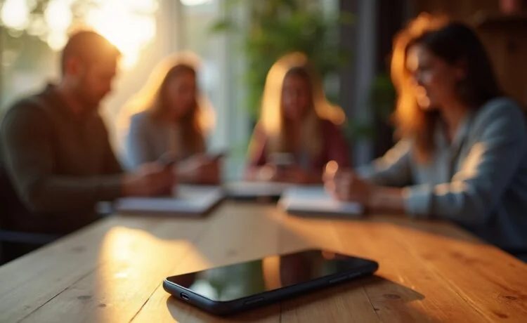 Ein hell erleuchtetes Smartphone auf einem modernen Holztisch, umgeben von entspannten Menschen in einem gemütlichen, sonnendurchfluteten Raum, die aufmerksam ihre Geräte überprüfen und so die Wichtigkeit von digitaler Sicherheit und Schutzmaßnahmen im Alltag symbolisieren.