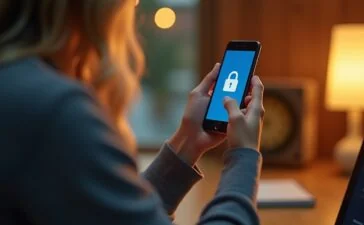 Ein hell erleuchteter, moderner Arbeitsplatz mit einem Android-Smartphone in der Hand einer entspannten Person, umgeben von sanftem Tageslicht und warmen Holztönen, das Vertrauen und Sicherheit beim Schutz persönlicher Daten vermittelt.
