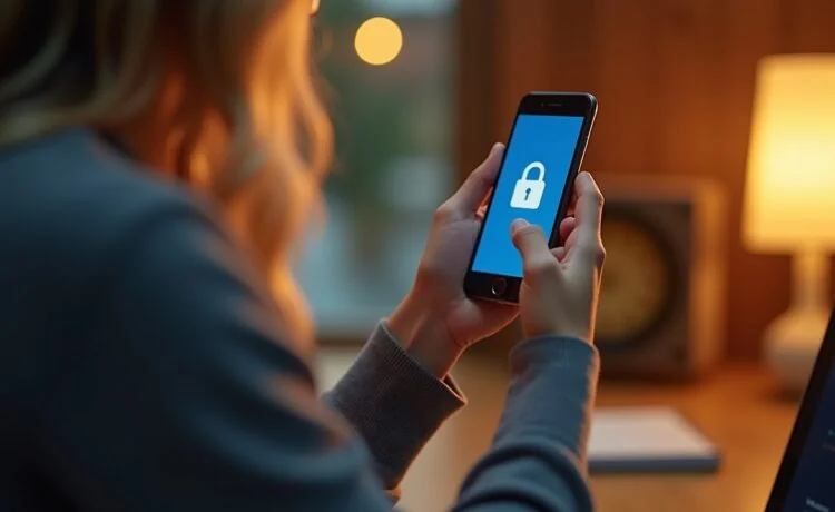 Ein hell erleuchteter, moderner Arbeitsplatz mit einem Android-Smartphone in der Hand einer entspannten Person, umgeben von sanftem Tageslicht und warmen Holztönen, das Vertrauen und Sicherheit beim Schutz persönlicher Daten vermittelt.