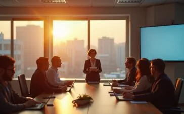 In einem hell erleuchteten, modernen Konferenzraum mit großen Fensterfronten steht eine seriöse Frau mittleren Alters in Business-Kleidung im Mittelpunkt, umgeben von konzentrierten Fachleuten und digitalen Bildschirmen, die strategische Gespräche über die Verantwortlichkeit und Regulierung von künstlicher Intelligenz austauschen, während warmes Sonnenlicht eine einladende, atmosphärische Stimmung schafft.