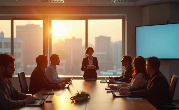 In einem hell erleuchteten, modernen Konferenzraum mit großen Fensterfronten steht eine seriöse Frau mittleren Alters in Business-Kleidung im Mittelpunkt, umgeben von konzentrierten Fachleuten und digitalen Bildschirmen, die strategische Gespräche über die Verantwortlichkeit und Regulierung von künstlicher Intelligenz austauschen, während warmes Sonnenlicht eine einladende, atmosphärische Stimmung schafft.