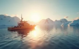 Ein strahlend klarer Ozean unter einer leuchtenden Polarsonne, die eine moderne, robuste Tiefwasser-Boje sanft im ruhigen antarktischen Meer schimmern lässt, während eisige Bergspitzen im Hintergrund warmes, goldenes Licht reflektieren und eine hoffnungsvolle Atmosphäre für wissenschaftlichen Fortschritt und Entdeckung schaffen.