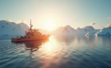 Ein strahlend klarer Ozean unter einer leuchtenden Polarsonne, die eine moderne, robuste Tiefwasser-Boje sanft im ruhigen antarktischen Meer schimmern lässt, während eisige Bergspitzen im Hintergrund warmes, goldenes Licht reflektieren und eine hoffnungsvolle Atmosphäre für wissenschaftlichen Fortschritt und Entdeckung schaffen.