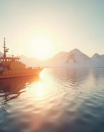 Ein strahlend klarer Ozean unter einer leuchtenden Polarsonne, die eine moderne, robuste Tiefwasser-Boje sanft im ruhigen antarktischen Meer schimmern lässt, während eisige Bergspitzen im Hintergrund warmes, goldenes Licht reflektieren und eine hoffnungsvolle Atmosphäre für wissenschaftlichen Fortschritt und Entdeckung schaffen.
