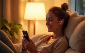 In einem hell erleuchteten, modernen Wohnzimmer sitzt eine junge, lächelnde Person entspannt mit iPhone und AirPods, umgeben von freundlicher Tageslichtstimmung, die Wärme und technologische Innovation harmonisch verbindet.