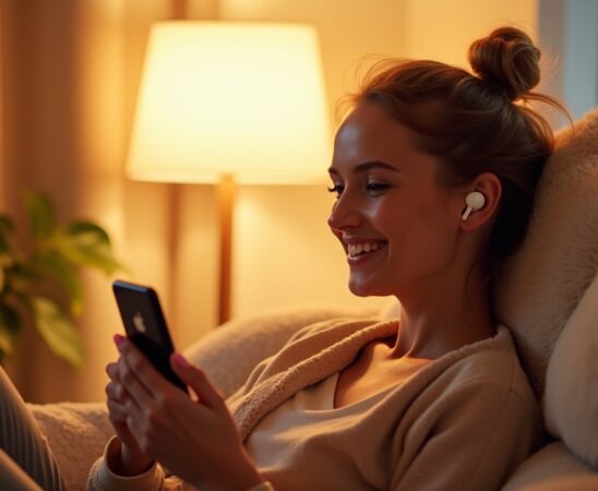 In einem hell erleuchteten, modernen Wohnzimmer sitzt eine junge, lächelnde Person entspannt mit iPhone und AirPods, umgeben von freundlicher Tageslichtstimmung, die Wärme und technologische Innovation harmonisch verbindet.