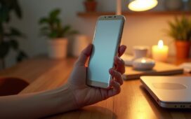 Ein lebendiges, natürlich beleuchtetes Bild eines eleganten, kompakten faltbaren Smartphones in metallischem Design, das behutsam in einer hellen, warmen Hände gehalten wird, umgeben von sanft verschwommenen Alltagsgegenständen auf einem modernen Holztisch, das eine Mischung aus technologischem Fortschritt und menschlicher Nähe ausstrahlt.