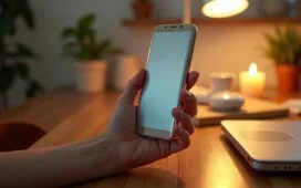 Ein lebendiges, natürlich beleuchtetes Bild eines eleganten, kompakten faltbaren Smartphones in metallischem Design, das behutsam in einer hellen, warmen Hände gehalten wird, umgeben von sanft verschwommenen Alltagsgegenständen auf einem modernen Holztisch, das eine Mischung aus technologischem Fortschritt und menschlicher Nähe ausstrahlt.