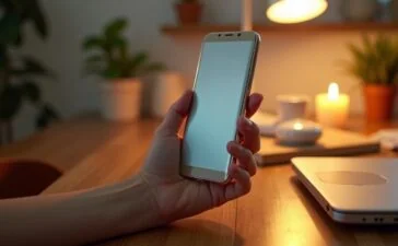 Ein lebendiges, natürlich beleuchtetes Bild eines eleganten, kompakten faltbaren Smartphones in metallischem Design, das behutsam in einer hellen, warmen Hände gehalten wird, umgeben von sanft verschwommenen Alltagsgegenständen auf einem modernen Holztisch, das eine Mischung aus technologischem Fortschritt und menschlicher Nähe ausstrahlt.