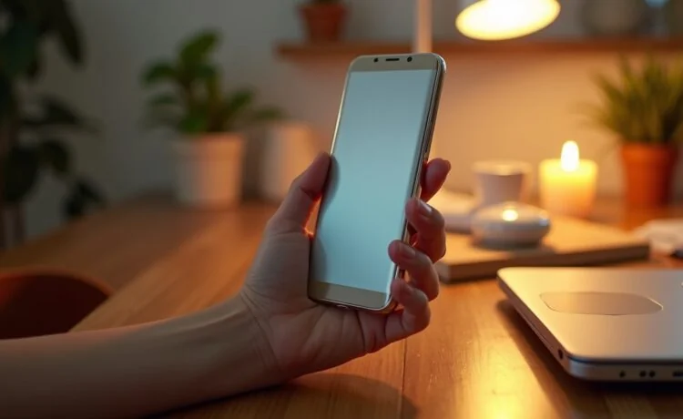 Ein lebendiges, natürlich beleuchtetes Bild eines eleganten, kompakten faltbaren Smartphones in metallischem Design, das behutsam in einer hellen, warmen Hände gehalten wird, umgeben von sanft verschwommenen Alltagsgegenständen auf einem modernen Holztisch, das eine Mischung aus technologischem Fortschritt und menschlicher Nähe ausstrahlt.