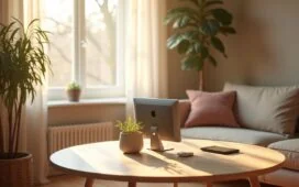 Ein hell erleuchtetes, modern eingerichtetes Wohnzimmer, in dem auf einem Tisch neben sanftem Tageslicht ein minimalistisches, elegantes Apple-Produktensemble mit aktuellen Geräten in klarem Fokus liegt und eine warme, einladende Atmosphäre von Fortschritt und harmonischer Reduktion ausstrahlt.