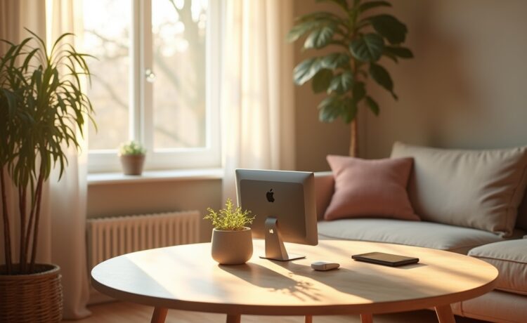 Ein hell erleuchtetes, modern eingerichtetes Wohnzimmer, in dem auf einem Tisch neben sanftem Tageslicht ein minimalistisches, elegantes Apple-Produktensemble mit aktuellen Geräten in klarem Fokus liegt und eine warme, einladende Atmosphäre von Fortschritt und harmonischer Reduktion ausstrahlt.