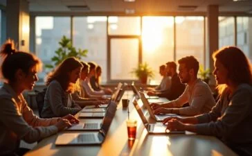 Ein hell erleuchtetes modernes Büro mit einem vielfältigen Team, das in entspannter, konzentrierter Atmosphäre digital an Laptops und Tablets zusammenarbeitet, während warme Sonnenstrahlen durch große Fenster fallen und die fortschrittliche Zusammenarbeit von Mensch und KI voller Zuversicht und Offenheit widerspiegeln.