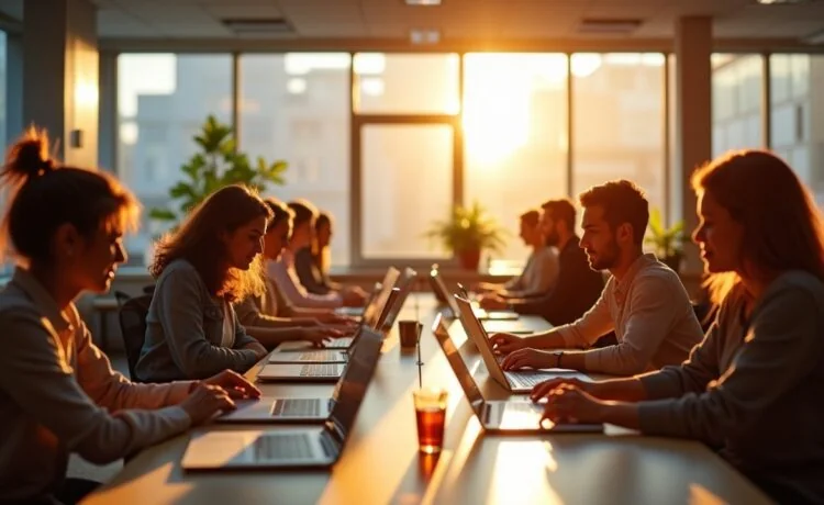 Ein hell erleuchtetes modernes Büro mit einem vielfältigen Team, das in entspannter, konzentrierter Atmosphäre digital an Laptops und Tablets zusammenarbeitet, während warme Sonnenstrahlen durch große Fenster fallen und die fortschrittliche Zusammenarbeit von Mensch und KI voller Zuversicht und Offenheit widerspiegeln.