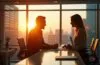 Ein hell erleuchtetes, modernes Büro mit einem nachdenklich lächelnden Menschen vor einem großen Fenster, durch das warmes Sonnenlicht fällt und sanfte Schatten auf Hightech-Geräte und Notizen wirft, die symbolisch für die futuristische, zugleich greifbare Welt der KI zwischen Magie und Realität stehen.