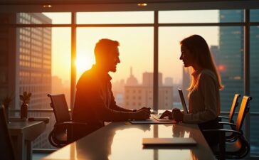 Ein hell erleuchtetes, modernes Büro mit einem nachdenklich lächelnden Menschen vor einem großen Fenster, durch das warmes Sonnenlicht fällt und sanfte Schatten auf Hightech-Geräte und Notizen wirft, die symbolisch für die futuristische, zugleich greifbare Welt der KI zwischen Magie und Realität stehen.