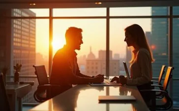 Ein hell erleuchtetes, modernes Büro mit einem nachdenklich lächelnden Menschen vor einem großen Fenster, durch das warmes Sonnenlicht fällt und sanfte Schatten auf Hightech-Geräte und Notizen wirft, die symbolisch für die futuristische, zugleich greifbare Welt der KI zwischen Magie und Realität stehen.