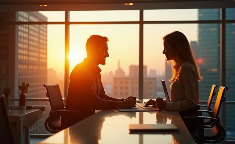 Ein hell erleuchtetes, modernes Büro mit einem nachdenklich lächelnden Menschen vor einem großen Fenster, durch das warmes Sonnenlicht fällt und sanfte Schatten auf Hightech-Geräte und Notizen wirft, die symbolisch für die futuristische, zugleich greifbare Welt der KI zwischen Magie und Realität stehen.