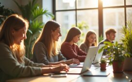 Ein sonnendurchflutetes, modernes Büro mit Entwickler:innen, die lachend an Laptops in einem hellen, freundlichen Workspace zusammenarbeiten, umgeben von minimalistischem Design und natürlichen Pflanzen, die eine inspirierende Atmosphäre für kreatives Programmieren und Teamarbeit ausstrahlen.