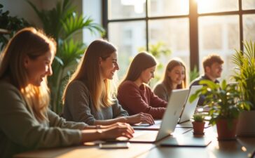 Ein sonnendurchflutetes, modernes Büro mit Entwickler:innen, die lachend an Laptops in einem hellen, freundlichen Workspace zusammenarbeiten, umgeben von minimalistischem Design und natürlichen Pflanzen, die eine inspirierende Atmosphäre für kreatives Programmieren und Teamarbeit ausstrahlen.