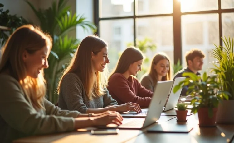 Ein sonnendurchflutetes, modernes Büro mit Entwickler:innen, die lachend an Laptops in einem hellen, freundlichen Workspace zusammenarbeiten, umgeben von minimalistischem Design und natürlichen Pflanzen, die eine inspirierende Atmosphäre für kreatives Programmieren und Teamarbeit ausstrahlen.
