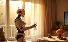 In einem hell erleuchteten Wohnzimmer mit natürlichem Sonnenlicht präsentiert sich LGs futuristischer Haushaltsroboter mit zwei Armen und fein justierten Greifhänden, während er ein Glas auf einem stilvoll gedeckten Tisch serviert – ein einladendes Bild, das menschliche Wärme und technologische Innovation harmonisch verbindet.