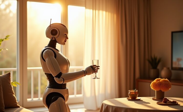 In einem hell erleuchteten Wohnzimmer mit natürlichem Sonnenlicht präsentiert sich LGs futuristischer Haushaltsroboter mit zwei Armen und fein justierten Greifhänden, während er ein Glas auf einem stilvoll gedeckten Tisch serviert – ein einladendes Bild, das menschliche Wärme und technologische Innovation harmonisch verbindet.