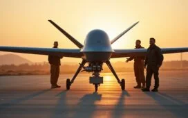 Strahlend von der Morgensonne beleuchtet zeigt das großformatige Foto die imposante Jiutian-Kampf-Drohne in ruhiger Startposition auf einem modernen Militärflugfeld, umgeben von technischen Teams in legerer Arbeitskleidung, deren konzentrierte Blicke und freundliche Gesten die faszinierende Verbindung von Mensch und hochentwickelter Drohnentechnologie unter warmem, natürlichem Licht einfangen.