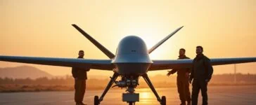 Strahlend von der Morgensonne beleuchtet zeigt das großformatige Foto die imposante Jiutian-Kampf-Drohne in ruhiger Startposition auf einem modernen Militärflugfeld, umgeben von technischen Teams in legerer Arbeitskleidung, deren konzentrierte Blicke und freundliche Gesten die faszinierende Verbindung von Mensch und hochentwickelter Drohnentechnologie unter warmem, natürlichem Licht einfangen.