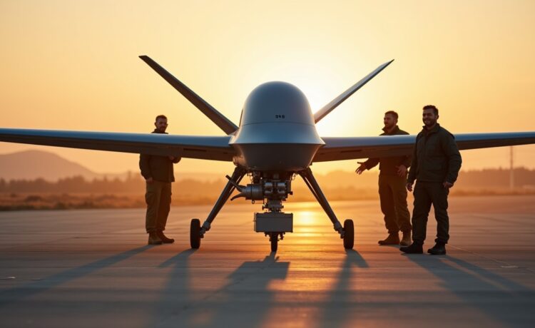 Strahlend von der Morgensonne beleuchtet zeigt das großformatige Foto die imposante Jiutian-Kampf-Drohne in ruhiger Startposition auf einem modernen Militärflugfeld, umgeben von technischen Teams in legerer Arbeitskleidung, deren konzentrierte Blicke und freundliche Gesten die faszinierende Verbindung von Mensch und hochentwickelter Drohnentechnologie unter warmem, natürlichem Licht einfangen.
