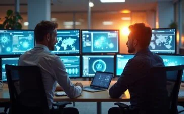 Ein strahlend helles, modernes Büro mit zwei IT-Experten in angeregtem Gespräch vor mehreren großen Bildschirmen, auf denen dezente Cloud- und Netzwerkgrafiken sichtbar sind, eingefangen in warmem Tageslicht, das eine Atmosphäre von Zusammenarbeit, Innovation und technologischem Fortschritt vermittelt.