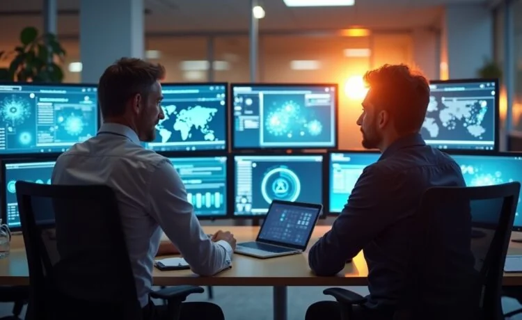 Ein strahlend helles, modernes Büro mit zwei IT-Experten in angeregtem Gespräch vor mehreren großen Bildschirmen, auf denen dezente Cloud- und Netzwerkgrafiken sichtbar sind, eingefangen in warmem Tageslicht, das eine Atmosphäre von Zusammenarbeit, Innovation und technologischem Fortschritt vermittelt.