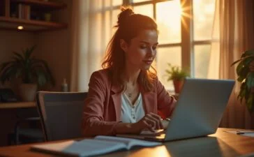In einem hell erleuchteten Büro sitzt eine konzentrierte Frau vor ihrem Laptop, umgeben von warmem Tageslicht und sanften Holztönen, während sie sorgsam Online-Banking-Apps prüft und dabei die vertrauliche Atmosphäre digitaler Sicherheit spürbar wird.