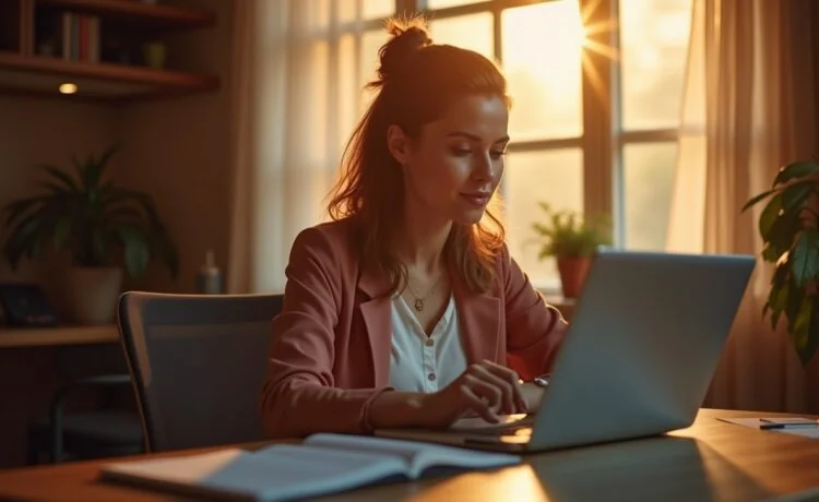 In einem hell erleuchteten Büro sitzt eine konzentrierte Frau vor ihrem Laptop, umgeben von warmem Tageslicht und sanften Holztönen, während sie sorgsam Online-Banking-Apps prüft und dabei die vertrauliche Atmosphäre digitaler Sicherheit spürbar wird.