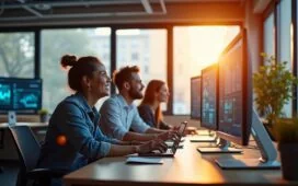 Ein lichtdurchflutetes, modernes Büro mit einem lächelnden Entwicklerteam, das konzentriert an mehreren hochauflösenden Bildschirmen mit hybriden User-Interfaces arbeitet, sanft warmes Tageslicht fällt durch große Fenster und erzeugt eine freundliche, einladende Atmosphäre voller Kreativität und digitaler Zukunftsvision.