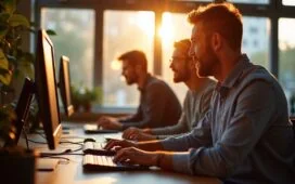 Helle, freundlich beleuchtete Aufnahme eines konzentrierten IT-Teams in einem modernen Büro, das gemeinsam an Computern arbeitet, während warmes Tageslicht durch große Fenster fällt und ein Gefühl von Vertrauen, Teamgeist und professioneller Sorgfalt für sichere Konfigurationen vermittelt.