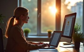 Ein warm beleuchtetes, modernes Büro mit einer konzentrierten Person am Laptop, die aufmerksam eine digitale Sicherheitswarnung auf dem Bildschirm prüft, während sanftes Tageslicht durch ein großes Fenster fällt und eine Atmosphäre von Wachsamkeit und Zuversicht schafft.