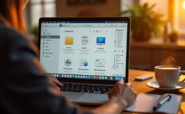 Ein heller, einladender Arbeitsplatz eines kreativen Mac-Nutzers mit geöffnetem MacBook, auf dessen Bildschirm eine übersichtliche, modern gestaltete Dateiverwaltungssoftware in warmem Tageslicht strahlt, umgeben von organisch arrangierten Notizblöcken und einer Tasse Kaffee, die eine produktive und inspirierende Arbeitsatmosphäre voller technischer Präzision und menschlicher Wärme vermittelt.