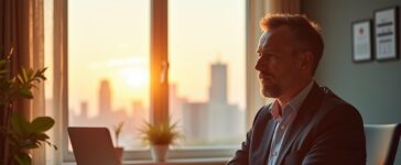 Eine strahlende Büro-Szene mit einem aufgeschlossenen Investor, der vor einem großen Fenster mit Blick auf den Himmel und stilvoll arrangierten Raumfahrtrequisiten sitzt, umgeben von warmem Tageslicht, das eine Atmosphäre von Inspiration, Zukunftsvision und unternehmerischem Optimismus schafft.