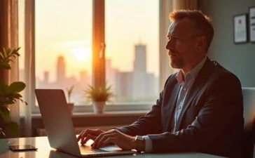 Eine strahlende Büro-Szene mit einem aufgeschlossenen Investor, der vor einem großen Fenster mit Blick auf den Himmel und stilvoll arrangierten Raumfahrtrequisiten sitzt, umgeben von warmem Tageslicht, das eine Atmosphäre von Inspiration, Zukunftsvision und unternehmerischem Optimismus schafft.